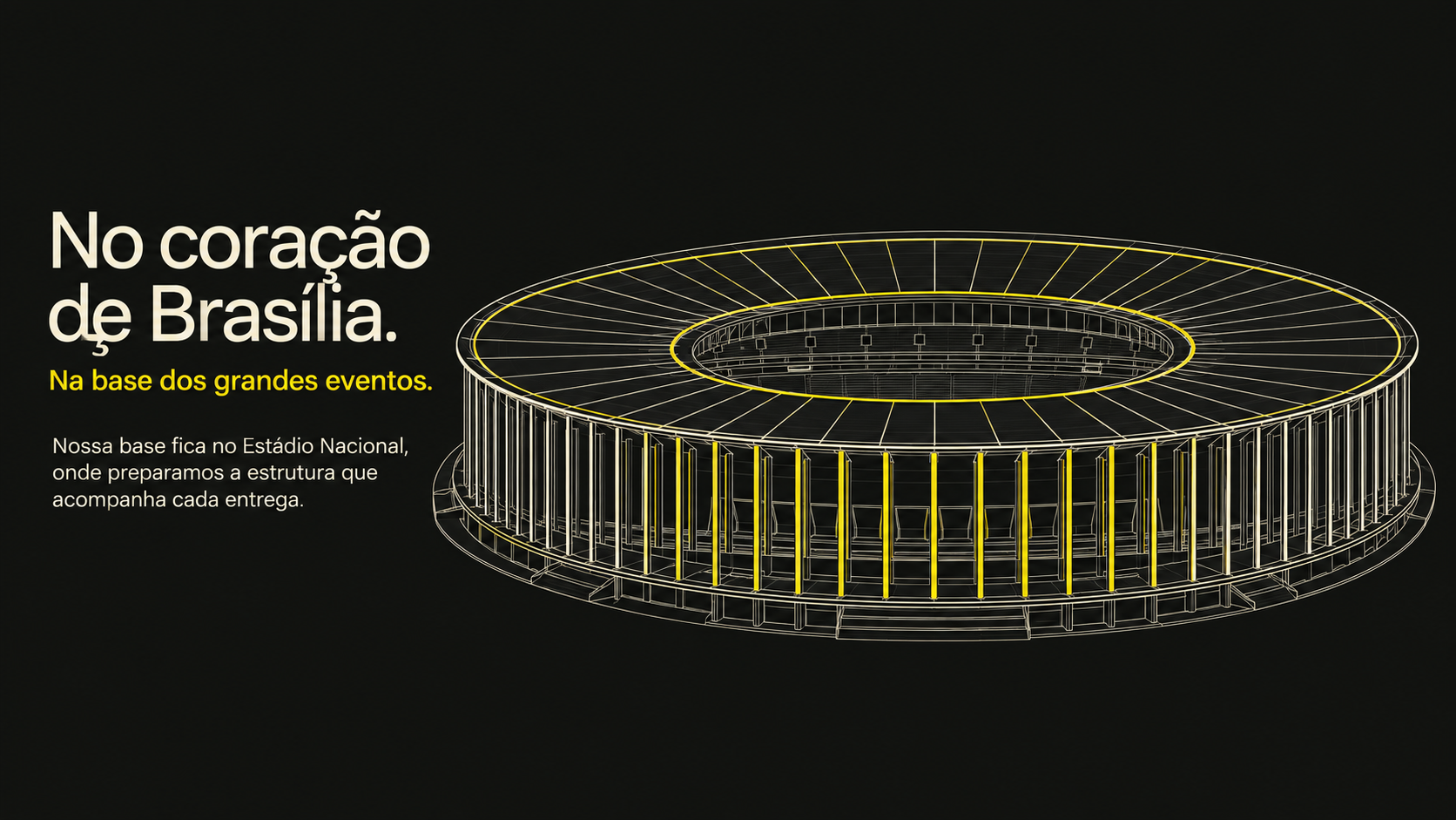 Ilustração em linhas dos anéis da cobertura e das colunas da Arena Mané Garrincha, com detalhes amarelos.